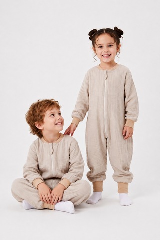 Babyhola Çocuk Uyku Tulumu 1-8 Yaş Unisex Uzun Kollu 1 Tog %100 Pamuk Müslin 2706 Bej