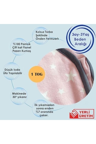 Yorni Kışlık Ve Mevsimlik Çift Kat Flanel%100 Pamuk Kumaş Bebek Çocuk Uyku Tulumu 1 Tog 18-36 Ay Acı Kahverengi
