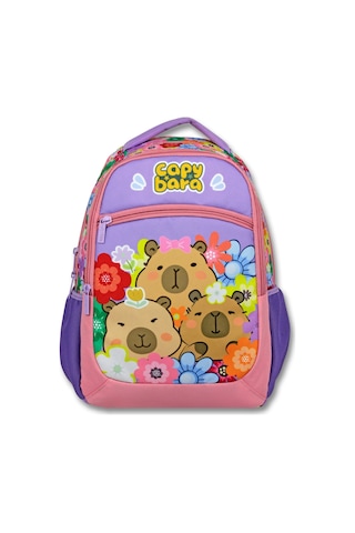 Capybara Mor - Pembe Kız Çocuk Çiçek Ve Capybara Baskılı İlkokul Okul Sırt Çantası - 6203 Çok Renkli