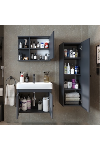 Ada Lavabolu Banyo Alt Dolabı + Banyo Üst Dolabı + Boy Dolabı Ant Antrasit