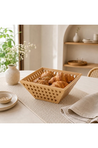 Bambu Sunumluk Sepet 20 Cm, Doğal Ahşap Meyve Sepeti, Ekmeklik Kahvaltılık Çerezlik Ve Servis Sepeti Kahverengi