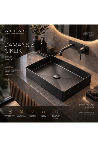 Alfas Aura Dikdörtgen 51x36cm Pvd Antrasit Tezgah Üstü Altı Çanak Lavabo 304 Paslanmaz Çelik