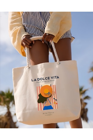 Albitote By Dsdesignarts Albitote Summer Capsule 01 - La Dolce Vıta Plaj Tote Bag Açık Bej