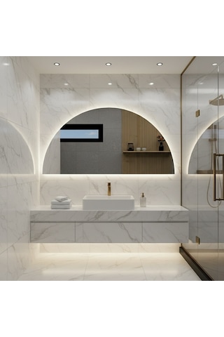 35x70 Cm Yarım Oval Led Banyo Aynası Dokunmatik Sensörlü, Dimmerli, 6500 Beyaz Işıklı Modern Duvar Aynası Beyaz
