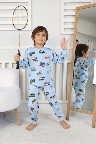 Zuzunga Transportation Veichle Desenli Çocuk Pijama Takımı Alt-üst Bej 3-8 Yaş Mavi