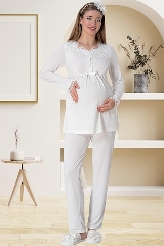 Mecit Pijama Mecit 5416 Ekru Uzun Sabahlıklı Lohusa Pjama Takımı