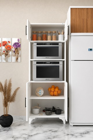 Renazzo %100 Mdf Çok Amaçlı Kapaklı Ve Açık Dolap, Fırın Ve Beyaz