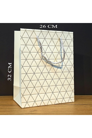 Beyaz Geometrik Desenli Büyük Boy Karton Hediye Çantası