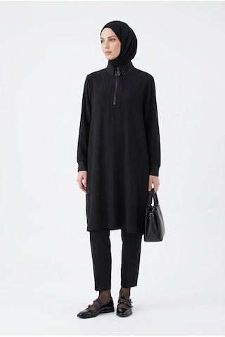 Armine Trend Yarım Fermuarlı Kolları Lastikli Çilek Kumaş Tunik Siyah 26yt462