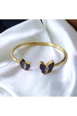 Çelik Mor Kelebek Detaylı Altın Renkli Kararmaz Kadın Bilezik Bileklik Çelik
