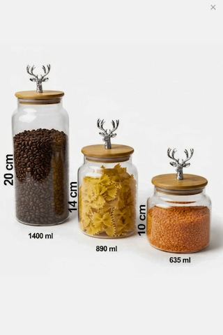 3'lü Bambu Kapaklı Metal Gümüş Geyik Figürlü Şeffaf Cam Kavanoz Şeffaf Cam Saklama Kabı 635/890/1400ml Çok renkli