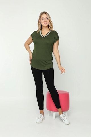 Yakası Taş Baskılı Bluz Haki Yeşil Haki