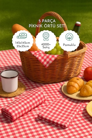 Lexroo 5li Piknik Seti, Piknik Masa Örtüsü 145x145cm Ve 4 Piknik Peçetesi 36x36cm Çok Renkli