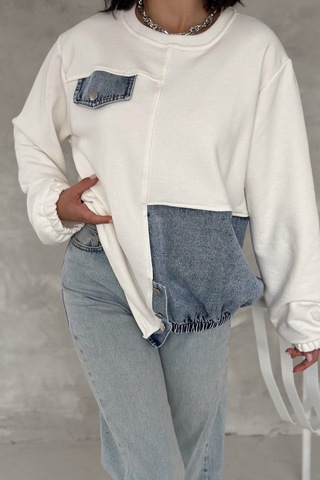 Femelle Kadın Beyaz Kot Detaylı Tasarım Sweatshirt