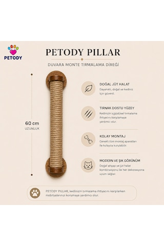 Petody Bastion - Doğal Ahşap Duvara Monte Kedi Tırmalama Direği