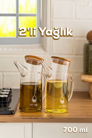 Porsima 2093 Bambu Kapaklı Vakumlu Borosilikat Cam 2li Yağdanlık Yağlık Sirkelik Seti 700ml Şeffaf