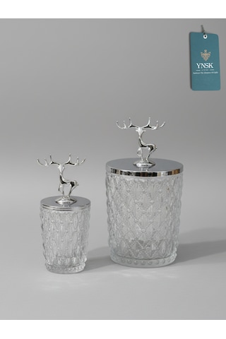 Chacha Home Luxury Lusso 2'li Gümüş Geyik Figür Kapaklı Kristal Cam Şekerlik, Saklama Kabı, Kavanoz
