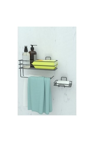 Metal Sabunluk Ve Kağıt Havlu Tutacağı İle Banyo Rafı Seti Açık Kahverengi