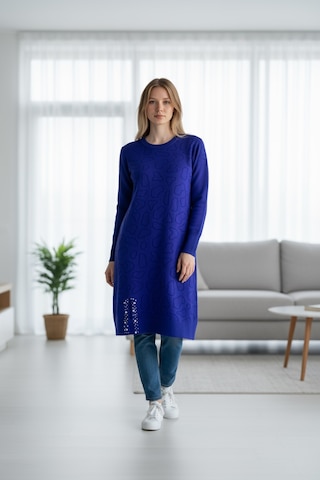 Kadın Önü Desenli Etek Yan Ucu Boncuklu Düşük Kol Tunik Mavi