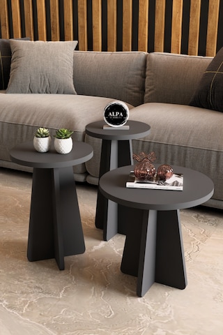Alpa Ev Mobilya 3 Lü Mantar Zigon Sehpa Seti Modern Yuvarlak Tasarım, Dekoratif İskandinav Stil Antrasit