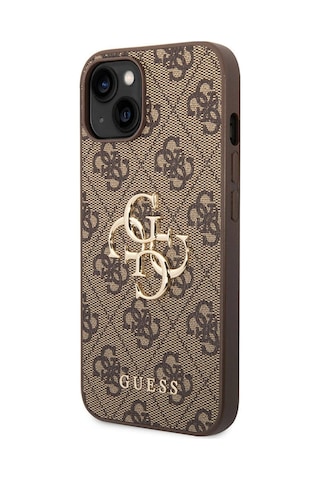 Apple Uyumlu iPhone 15 Kılıf Guess Lisanslı Pu Deri Yazı Ve 4g Metal Logolu Desen Kapak Kahverengi