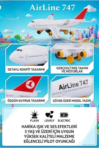 Işıklı Ve Sesli Thy Yolcu Uçağı İniş Takımı Model Kuyruklu 32 Cm Kaliteli Eğlenceli Oyuncak Uçak