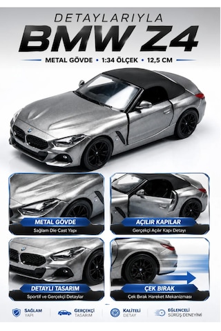 Oyuncak Bmw Z4 Diecast Açılır Kapılı Çek Bırak Metal Roadster Cabrio Model Spor Araba 1:34 Ölçek 12,5 Cm Gri