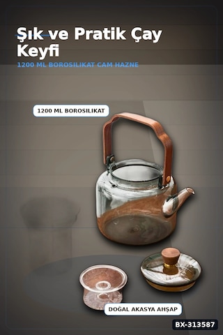 Borosilikat Cam Demlik 1200 Ml Akasya Saplı Süzgeçli Bulaşık Makinesinde Yıkanabilir Bx-313587 çok renkli