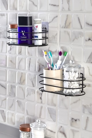 2' Li Banyo Düzenleyici - Yapışkanlı Banyo Ve Mutfak Rafı - Siyah Toparlayıcı Banyo Aksesuarı Şampuanlık Sabunluk Siyah