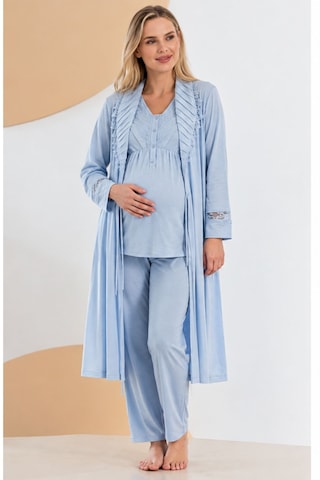 Bone Club 6305 Uzun Kol 3 Lü Sabahlıklı Lohusa Hamile Pijama Takımı Mavi