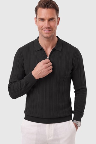 Rizzup Erkek Slim Fit Dokulu Siyah Triko Kazak Fermuarlı Polo Yaka Likralı Esnek 2708505