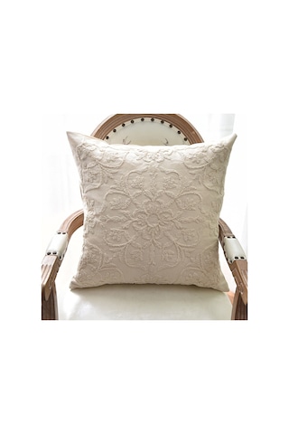 Sones Pamuklu Kordon Nakışlı Yastık Minder Kılıfı Çekirdeksiz, Boyut: 50x50cm Sütlü