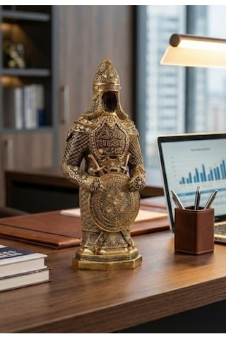 Taş İşlemeli Gold Biblo Allah & Muhammed S.a.v Zırhlı Cevşen Ayetli Asker Figürlü Taşlı Biblo 23cm Çok Renkli