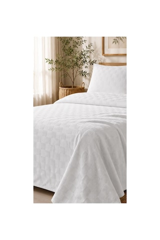 Tek Kişilik Beyaz Dama Desenli Pike Otel Pikesi %100 Pamuk 160 x 200 CM