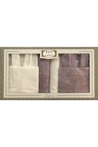 Royam  Eva Gold Kadife Jakarlı Pamuklu 6 Parça Aile Bornoz Seti