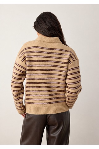 Maison Velora Kadın Camel Çizgili Basic Oversize Polo Yaka Yarım Pat Düğmeli Triko Kazak-27aj002 Bej 923050279 Bej