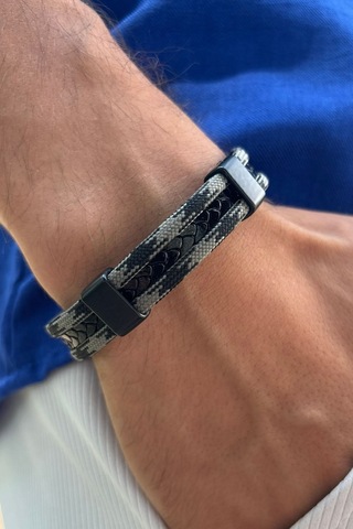 El İşçiliği İle Üretilmiş Hakiki Deri Erkek Bileklik Gri