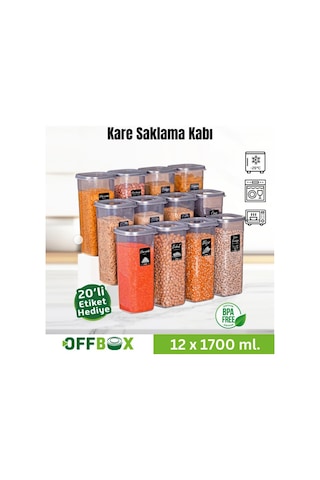 Offbox Kare Bakliyat Baharat Gıda Saklama Kabı - 1.7 Lt. - 12 Adet Antrasit Şeffaf