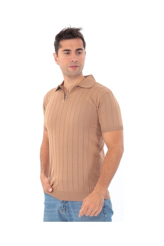Monox Erkek Polo Yaka Fermuarlı Spor Yazlık Triko Tişort Kahverengi