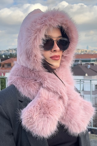 Mollycrush Kadın Pembe Suni Kürk Eşarp Atkı Şapka Kışlık Sıcak Tutan Soft Peluş Model Pembe