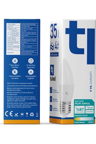 Redeem C37S E27 Mum Ampul, Titreşimsiz, Göz Konforu, 470 Lümen, Sıcak Beyaz, 2700 Kelvin