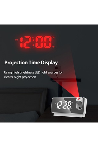 Dofolink Siyah Usb Beslemeli Projeksiyon Alarm Saati - 180 Ayarı, Sicaklık/tarih Büyük Ekran, Ayna Led Dijital Masa Saati