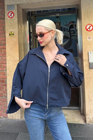 Madmext Lacivert Fermuarlı Cep Detaylı Oversize Kadın Ceket Mg2188 Lacivert