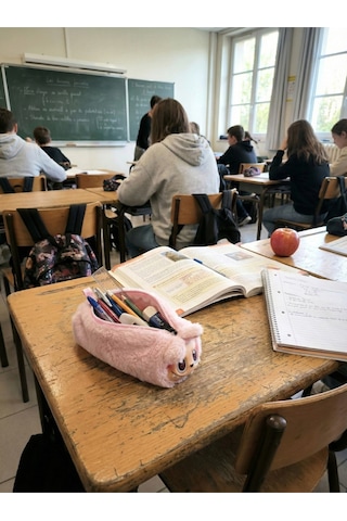 Sevimli Labubu Karakterli Tüylü Kalemlik Fermuarlı Yumuşak Kalem Kutusu Pembe Pembe
