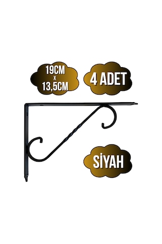 Raf Altı Ferforje Demir Tutucu L Raf Demiri Duvar Sabitleyici Metal Siyah 4 Adet 19cm X 13.5cm Siyah