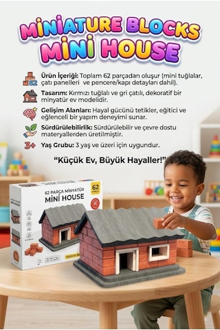 İlk Mini Evim 62 Parça Minyatür Tuğlalı Küçük Ev Tasarımlı Eğitici Yapı Oyuncak İnşaat Seti
