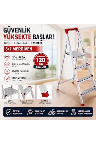 Merdiven 3+1 Max 120 Kg Dayanım Güçlü Alüminyum Gövde Kaymaz Taban 3+1 Basamaklı