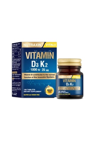 Nutraxin D3K2 120 Tablet – 1000 IU D3 + 25 mcg K2 Vitamini İçeren Takviye
