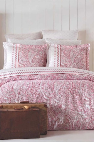 Çift Kişilik Nevresim Takımı Pamuklu Vintage Pembe Paisley Renkli