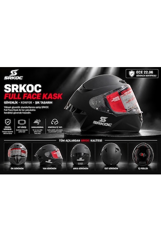 Srkoc İntercom Uyumlu Full Face Ece 22.06 Sertifikalı Mat Siyah Motorsiklet Kaskı